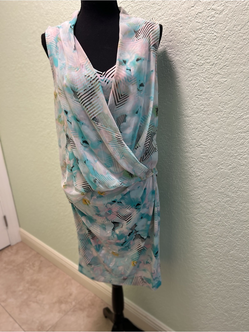 Robert Rodriguez Sleeveless Midi Wrap Dress in Aqua, Pink, White